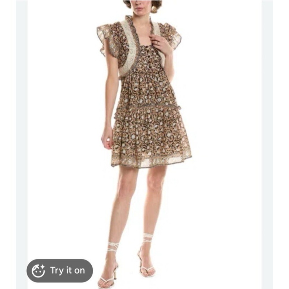 Sea New York Irinia Print Pleated Ruffle Dress Brown Floral Multi Size M